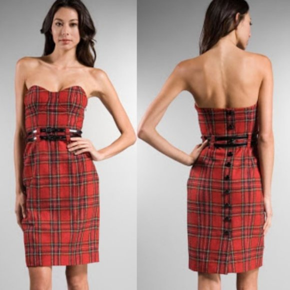 Betsey Johnson Dresses & Skirts - Betsey Johnson Red Plaid Belted Strapless Dress 🍒💀